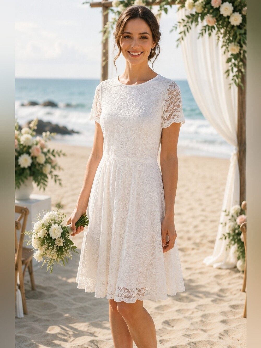 Bridesmay Elegant White Lace Short-Sleeve Dress Size 2XL